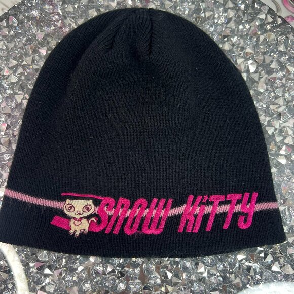 Snow kitty black pink touque stretchy cat pink embroidery beanie winter comfy